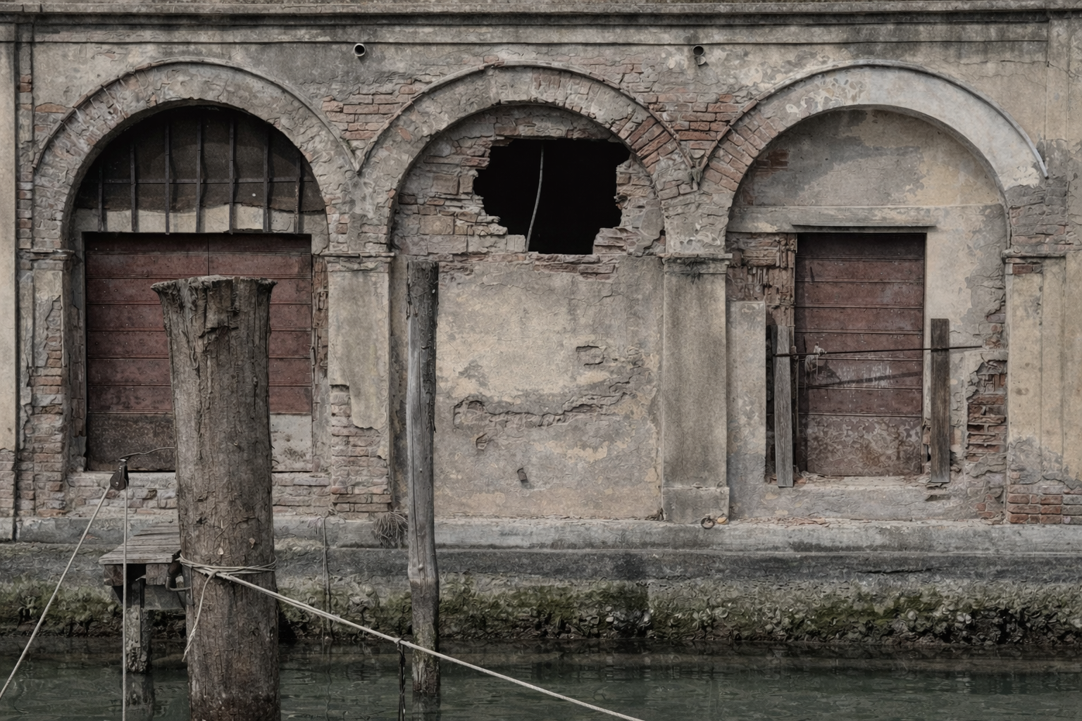 Old brick building with boarded-up windows and a hole in the wall, located by a canal with wooden posts and ropes.