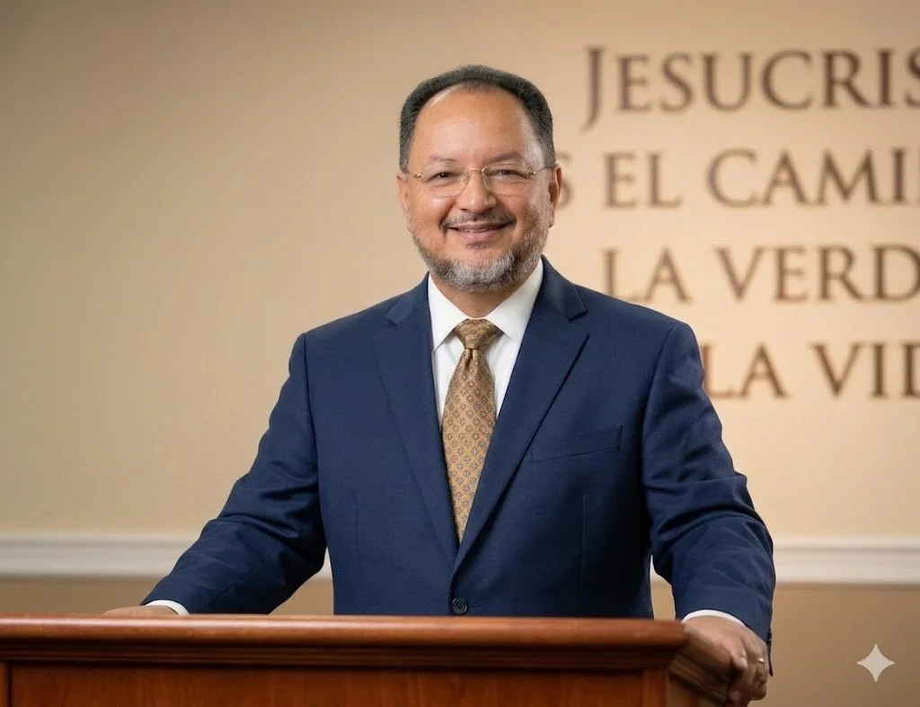 A middle-aged man with glasses and a beard, wearing a navy suit, white shirt, and patterned gold tie, standing behind a wooden lectern, smiling in front of a wall with partially visible Spanish text.