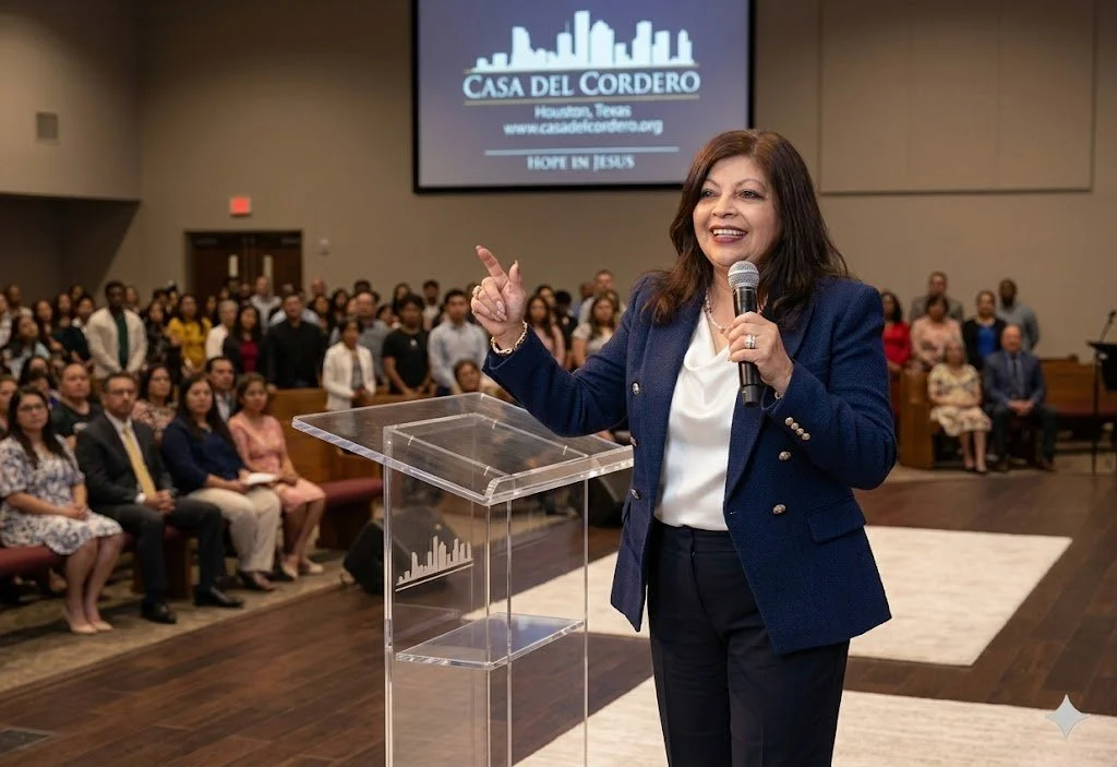 A woman in a navy blazer and white blouse speaking into a microphone at a podium during a church event. Behind her, a large screen displays the logo of Casa del Cordero in Houston, Texas, with a city skyline silhouette and the slogan "Hope in Jesus." The audience is seated and standing, attentively listening.