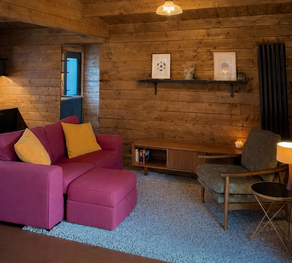 A cozy living room with wooden walls and ceiling, featuring a pink sectional sofa with yellow cushions, a gray armchair, a wooden coffee table with books, a shelf with framed art, a small table with a lamp and candle, and a window.