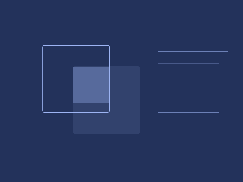 Abstract digital graphic with overlapping translucent squares and lines on a dark blue background.