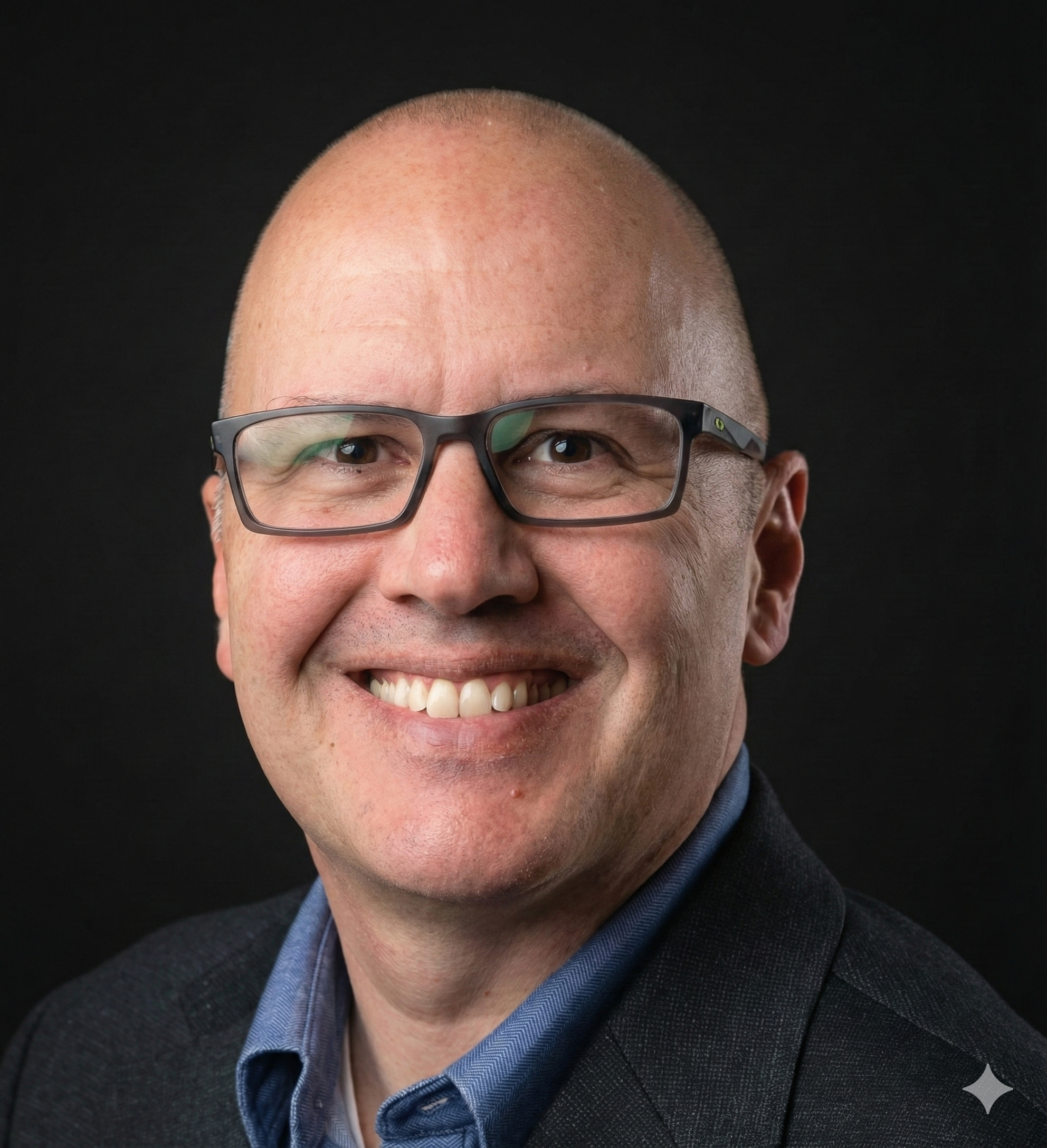 Close-up of a smiling man wearing glasses and a dark suit with a blue shirt against a black background.