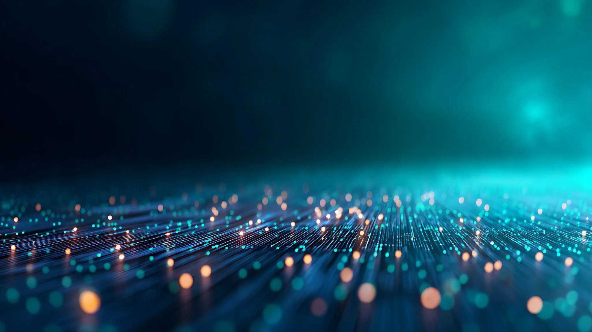 A digital abstract background with a dark gradient, showing a field of glowing dots and lines in shades of blue, teal, and orange, creating a futuristic, high-tech appearance.