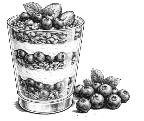 Black and white illustration of a layered berry parfait in a glass with berries and mint on top, and additional berries with mint leaves beside the glass.