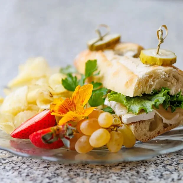 Platter with a sandwich, fresh strawberries, grapes, potato chips, and a flower garnishing the plate.