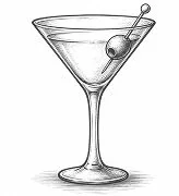 Line drawing of a martini glass with an olive on a toothpick.
