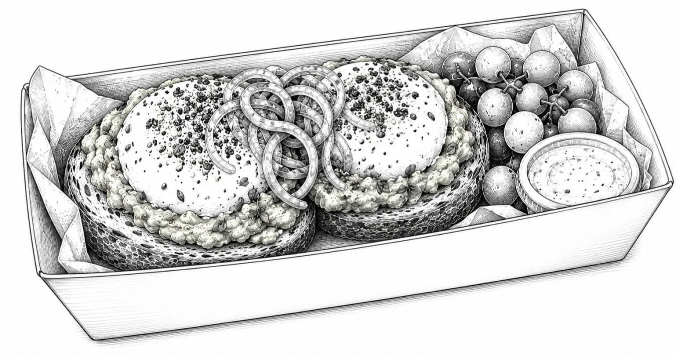 Black and white drawing of a tray with two gourmet burgers, a bunch of grapes, and a dipping sauce.