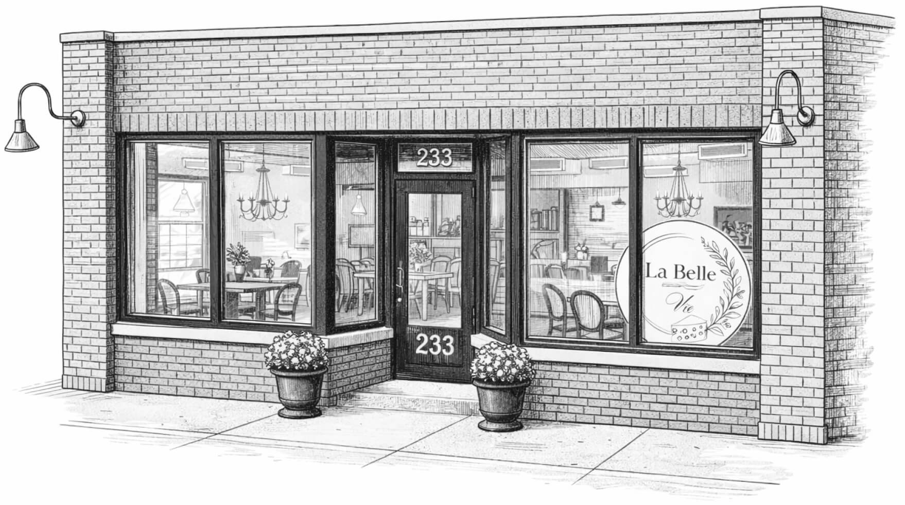 Sketch of a storefront with large window display, door in center numbered 233, potted plants outside, and interior visible showcasing tables, chairs, chandeliers, and a sign reading 'La Belle Vie' with a cheese illustration.