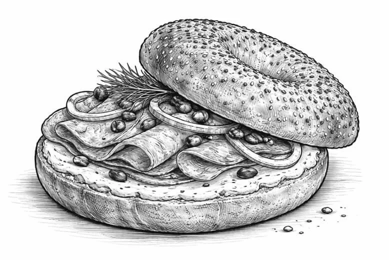 A detailed black and white illustration of a bagel sandwich with sliced meat, onions, olives, and a sprig of rosemary on a flat surface.