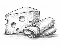A sketch of a wedge of cheese and two rolled-up pieces of paper.