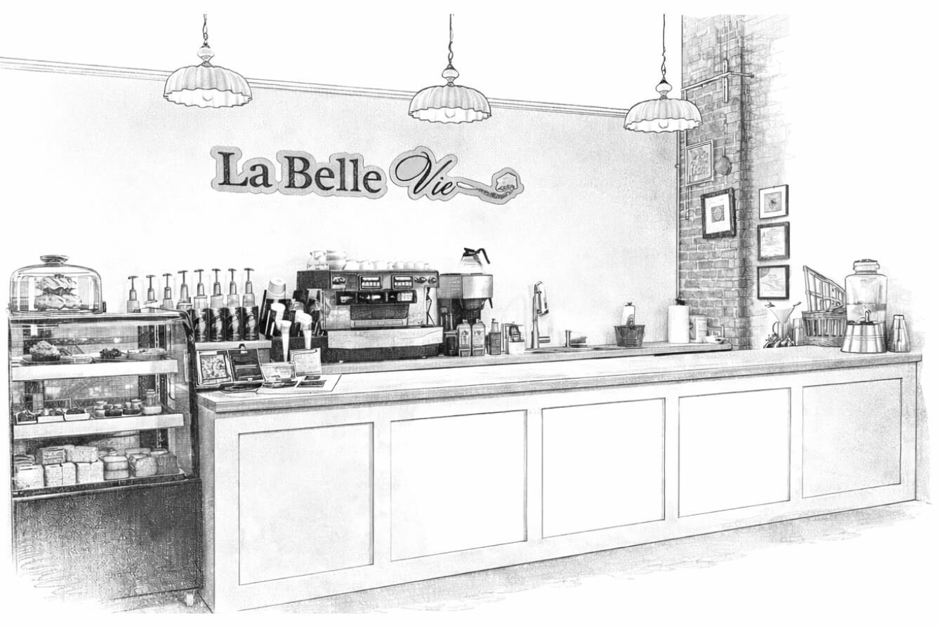 A coffee shop counter with a sign that reads 'La Belle Vie', with a coffee machine, bottles, a display case with pastries, and various coffee supplies on the counter, decorated with hanging pendant lights and framed pictures on the wall.