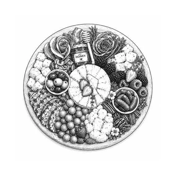 Black and white illustration of a plate with various foods including roses, honey jar, sliced cake, cheeses, berries, grapes, and other snacks.