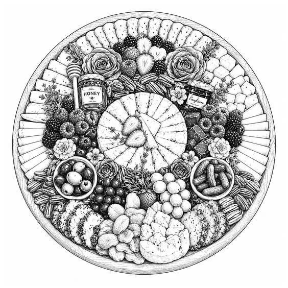 A circular charcuterie board filled with various cheeses, crackers, fruits, nuts, honey, and jams, arranged in an artistic presentation.