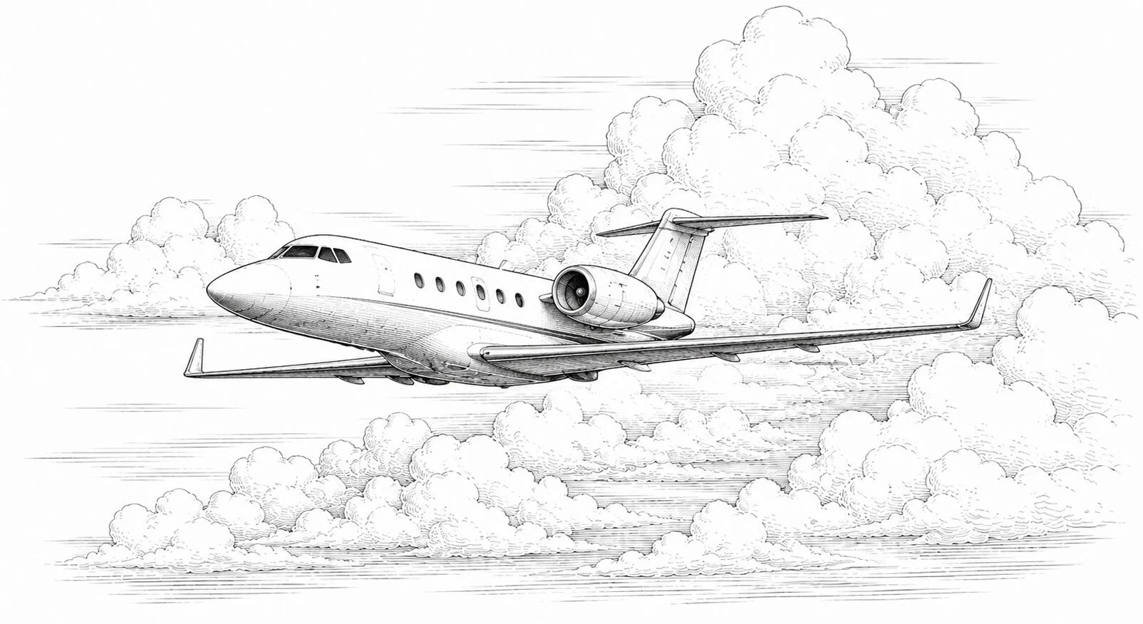 A detailed black and white sketch of a private jet flying through the sky among clouds.