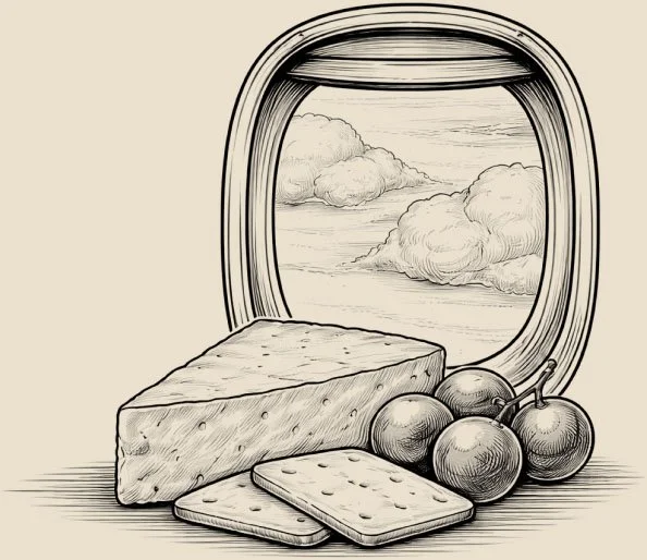 A black and white illustration of a cheese wedge, two crackers, and a bunch of grapes placed in front of an airplane window showing clouds and sky.