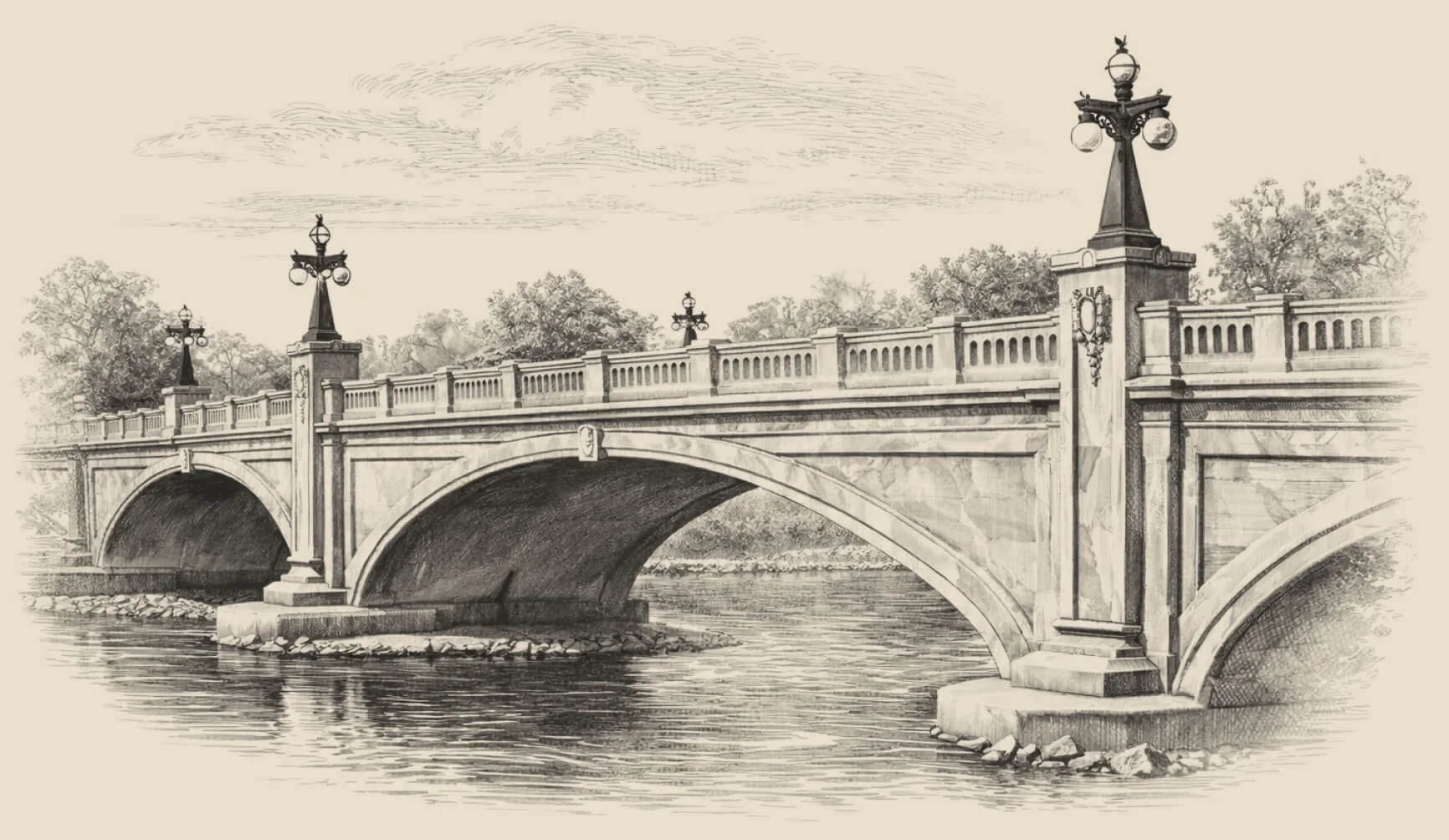 A detailed black-and-white drawing of a historic stone bridge with decorative lampposts and a river flowing underneath, surrounded by trees.