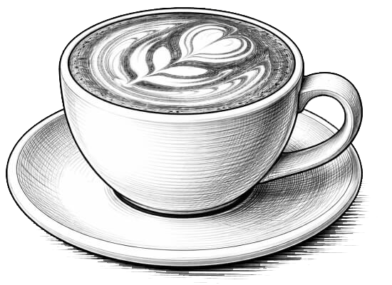 A black-and-white illustration of a coffee cup filled with a latte, sitting on a saucer.