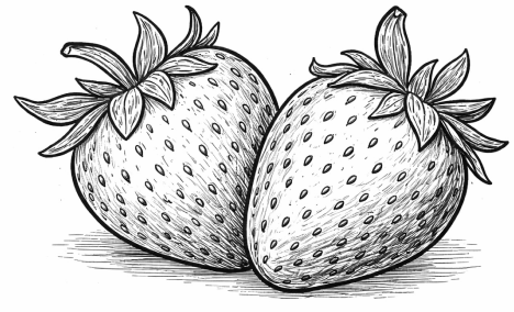 Black and white drawing of two strawberries with leaves.