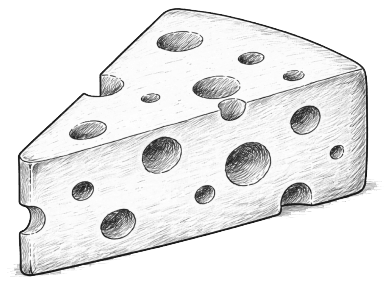 Drawing of a wedge of Swiss cheese with holes.