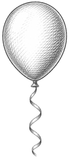 A black and white illustration of a balloon with a string.