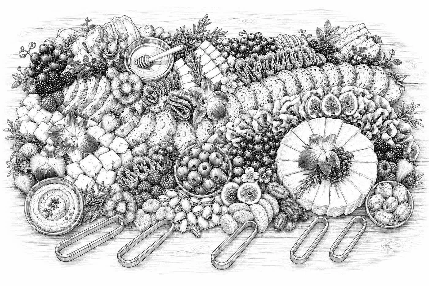 Detailed black and white drawing of a cheese and charcuterie platter with fruits, honey, and herbs, including grapes, strawberries, figs, cheese slices, and cured meats, with utensils arranged at the bottom.
