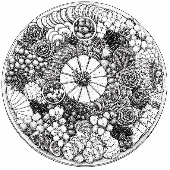 A round platter filled with various desserts, fruits, chocolates, and flowers arranged in a decorative pattern.