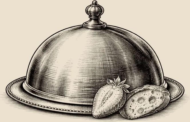 A drawing of a cloche food cover with strawberries and cookies in front of it.