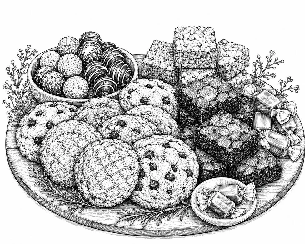 A platter of assorted cookies, chocolate squares, and wrapped candies