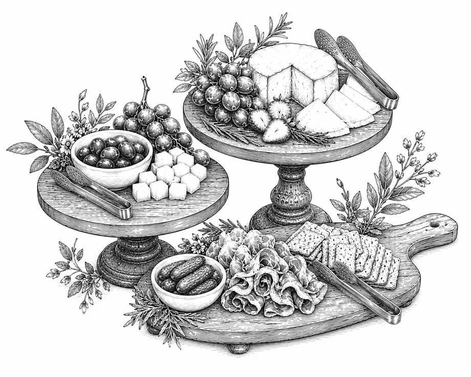 Black and white illustration of cheese, grapes, crackers, and cured meats arranged on wooden serving stands with utensils and decorative leaves.