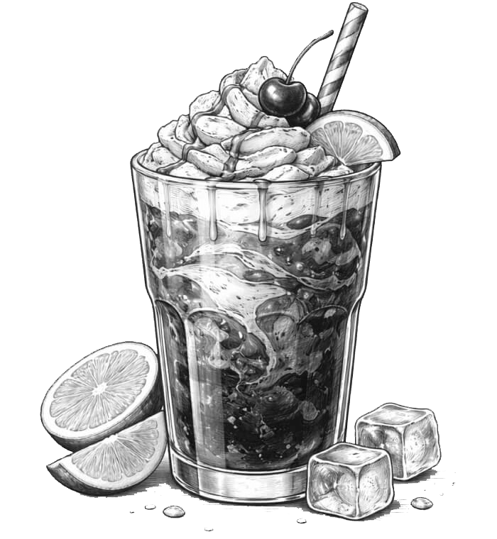 A black-and-white illustration of a cold beverage in a tall glass with ice cubes, topped with whipped cream, a cherry, a lemon wedge, a striped straw, and surrounded by lemon slices and ice cubes.