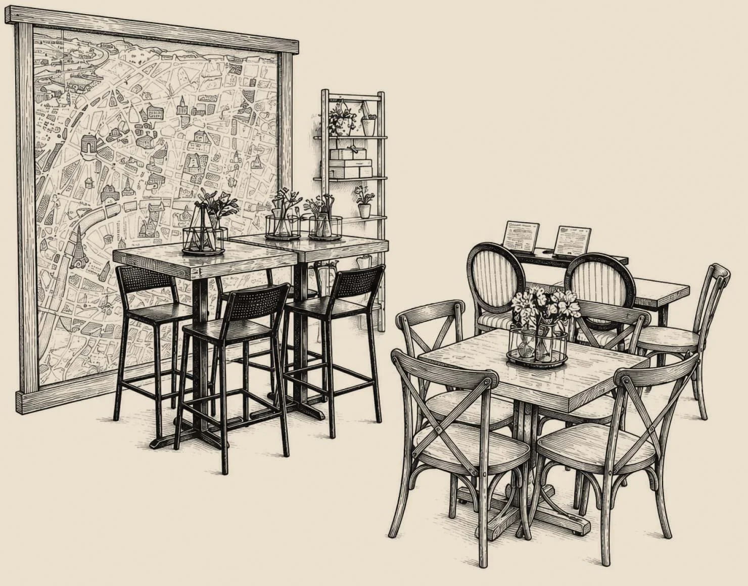 A line drawing of an interior cafe with tables, chairs, and shelves with plants and decor. There is a large illustrated map on the wall.