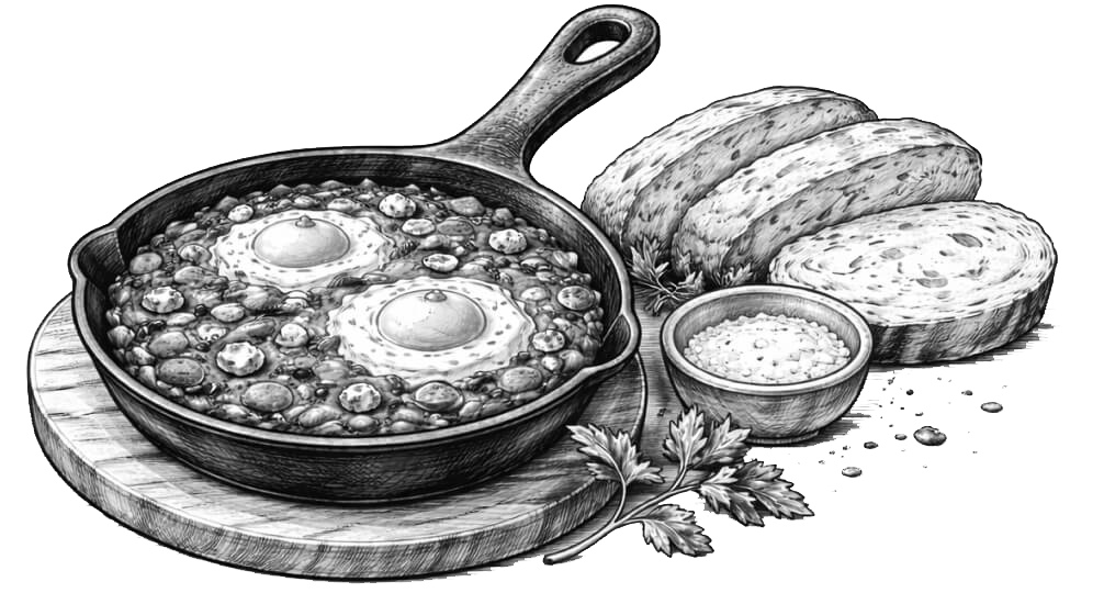 Sketch of a skillet with eggs and beans, slices of bread, salt and pepper, and parsley on a cutting board.