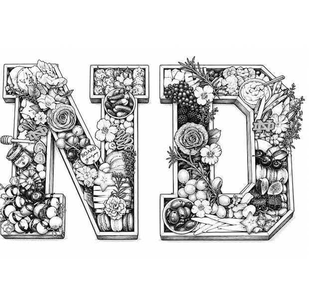Black and white illustration of the letter 'N' and 'D' filled with various fruits, flowers, and small objects.
