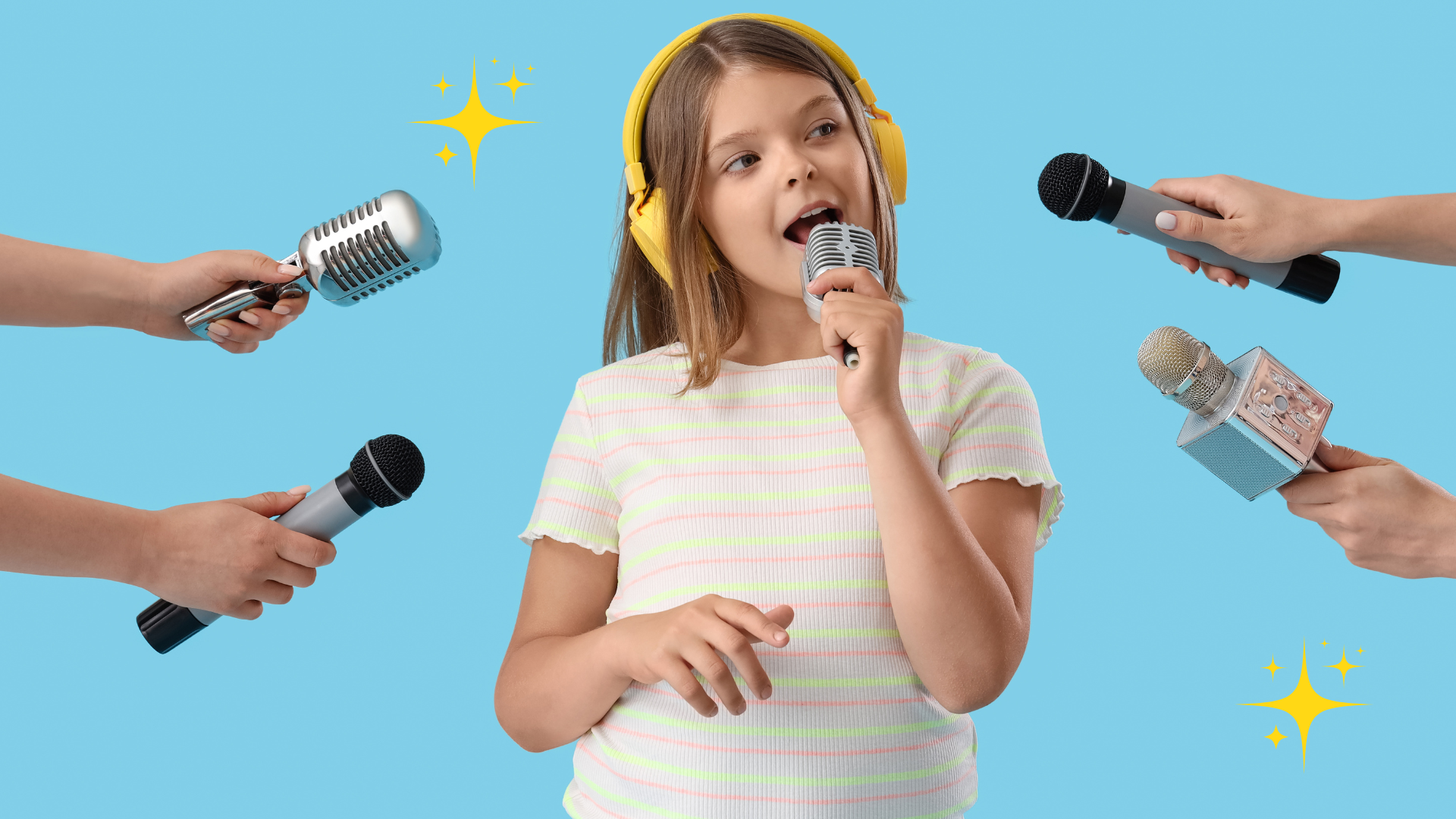 Young girl with long hair wearing yellow headphones, holding a microphone near her mouth, surrounded by multiple hands holding various microphones against a blue background with sparkles.
