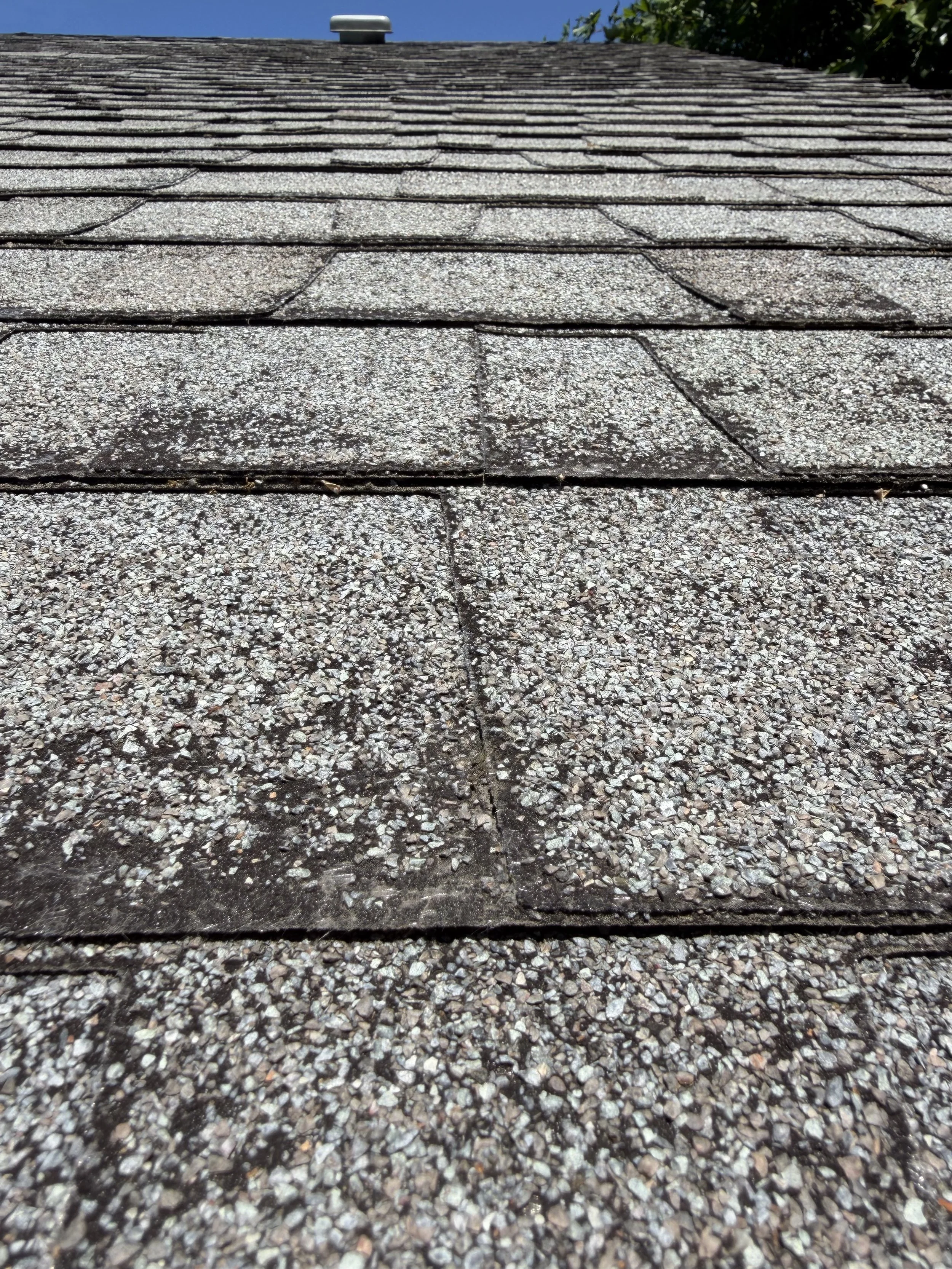 Close-up of severely deteriorated asphalt shingles on a Portland home, showing heavy granule loss and surface wear