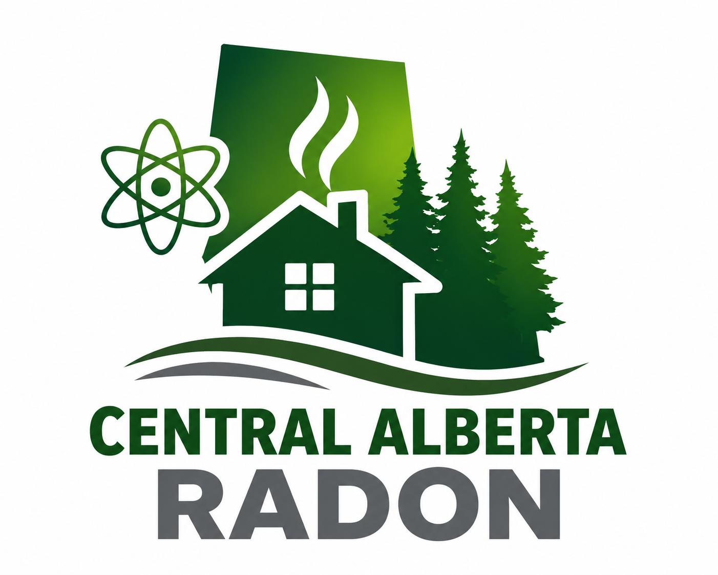 Logo for Central Alberta Radon featuring a house, pine trees, vapor, atomic symbol, and a green and gray color scheme.