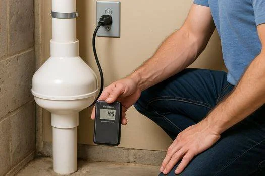 A person using a digital moisture meter on a plumbing pipe in a basement or utility room.