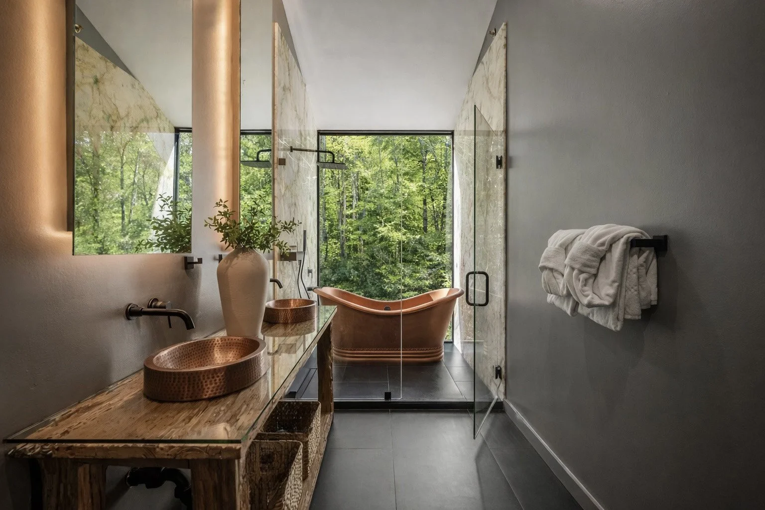 Modern bathroom with a copper bathtub by large window overlooking green trees, double copper sinks on a wooden vanity, and a towel rack with folded towels.