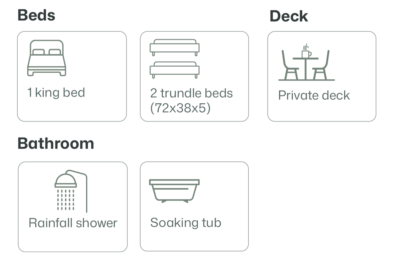 A floor plan layout with sections for Beds, Bathroom, and Deck. The Beds section shows a king bed and two trundle beds. The Deck section depicts a private deck with a table and chairs. The Bathroom section includes a rainfall shower and a soaking tub.