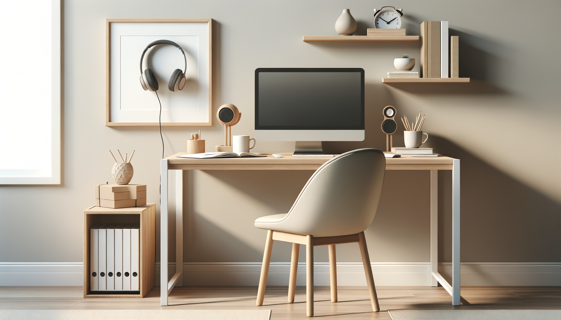 A minimalist home office with a light-colored wooden desk, a computer, headphones hanging on the wall, and decorative items on shelves. There is an ergonomic chair in front of the desk, a small side table with boxes and a vase, and a window on the left letting in natural light.