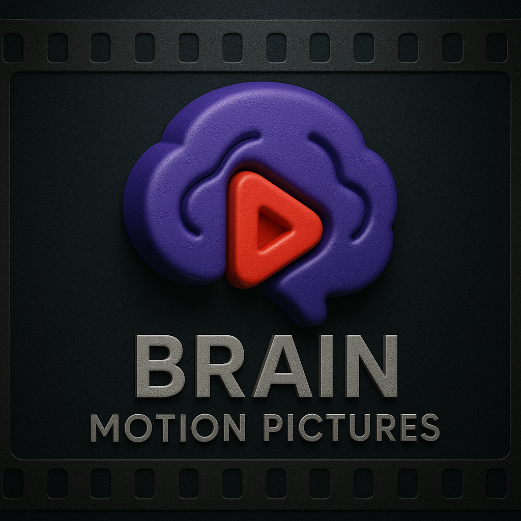 A logo featuring a purple brain with a red play button in the center, labeled 'BRAIN MOTION PICTURES.'