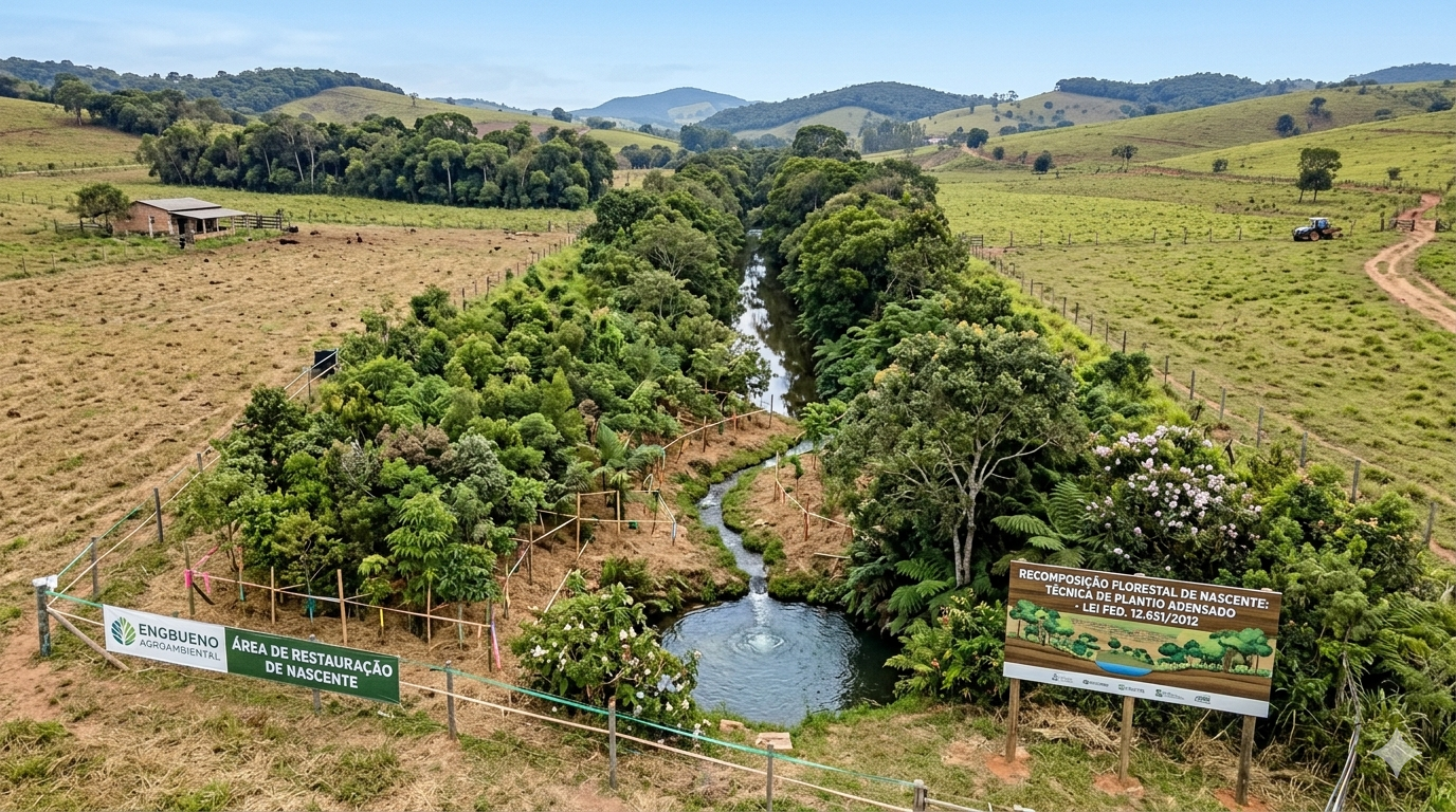Área de restauração de nascente com vegetação lush, uma pequena lagoa ao centro, cercada por cercas de madeira, com sinais indicando a recuperação florestal, em um campo rural com árvores e montanhas ao fundo.