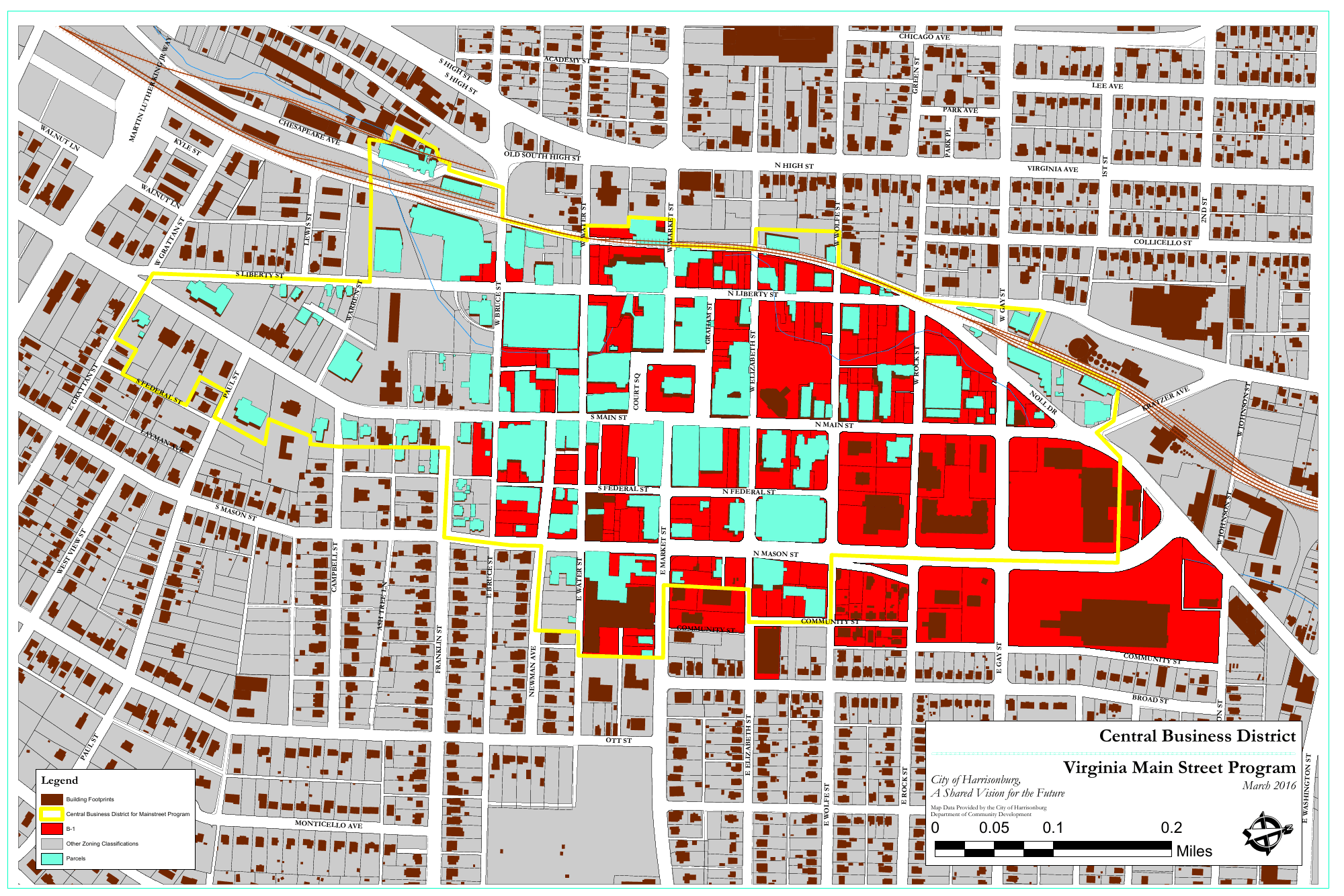Map of Harrisonburg's Central Business District and Virginia Main Street Program, highlighting building footprints, parcels, and zoning classifications, with a focus on Main Street area. Includes streets and urban infrastructure.