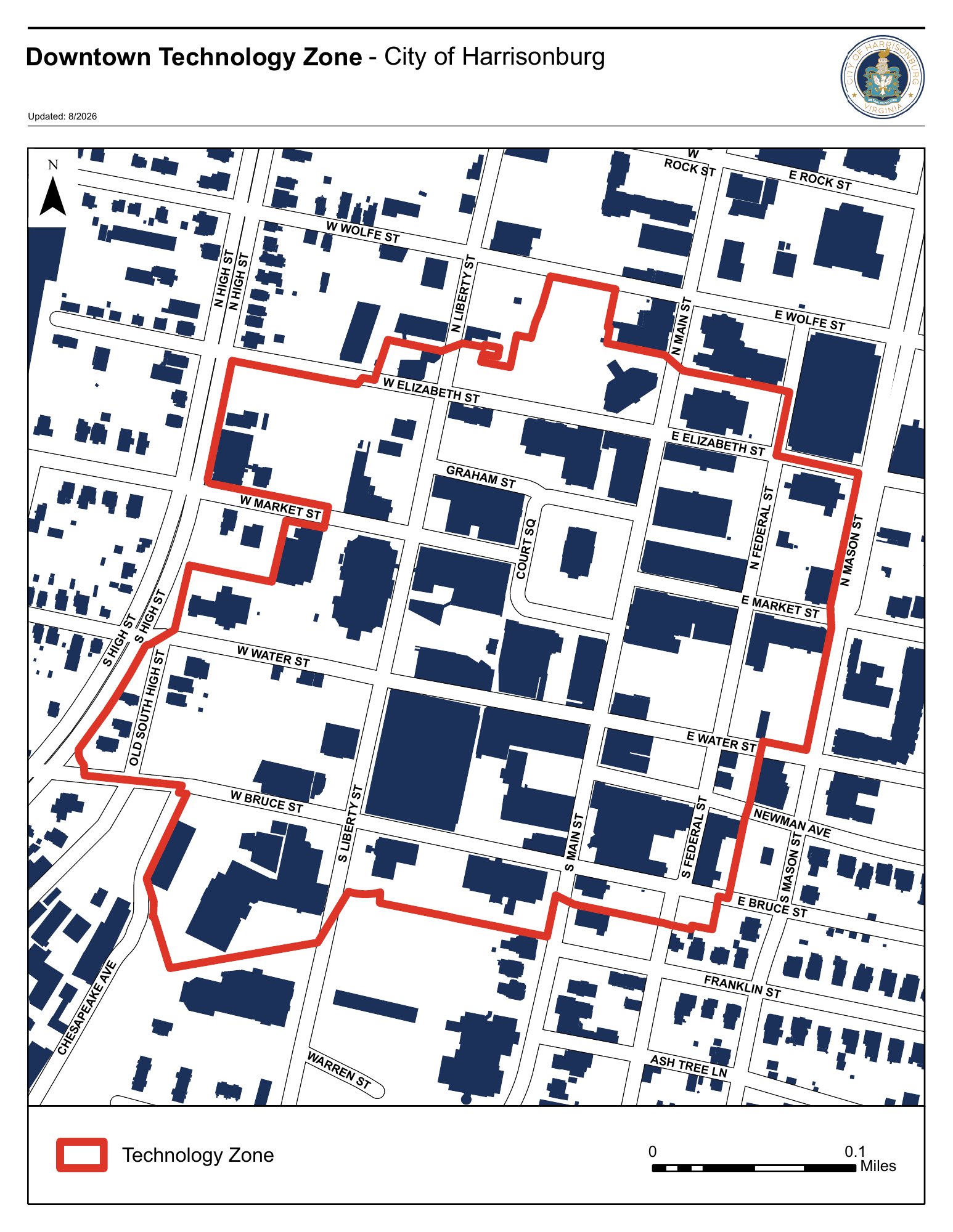 Map of downtown Harrisonburg showing the Technology Zone boundary outlined in red, with street names including West Wolfe Street, East Wolfe Street, North Main Street, and West Market Street.