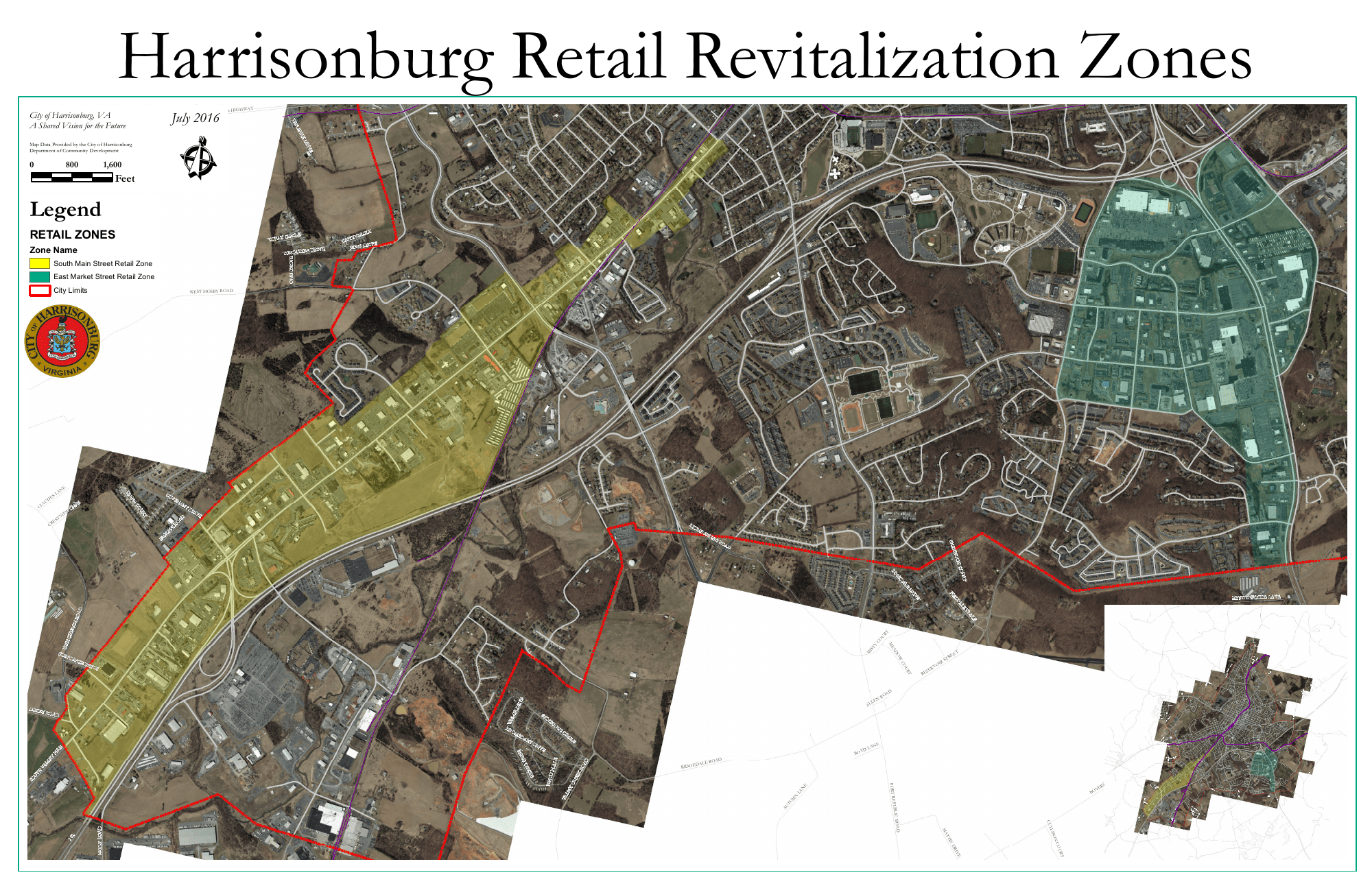 Map titled 'Harrisonburg Retail Revitalization Zones' showing retail zones in yellow and teal, with city limits marked in red, and surrounding roads and neighborhoods.