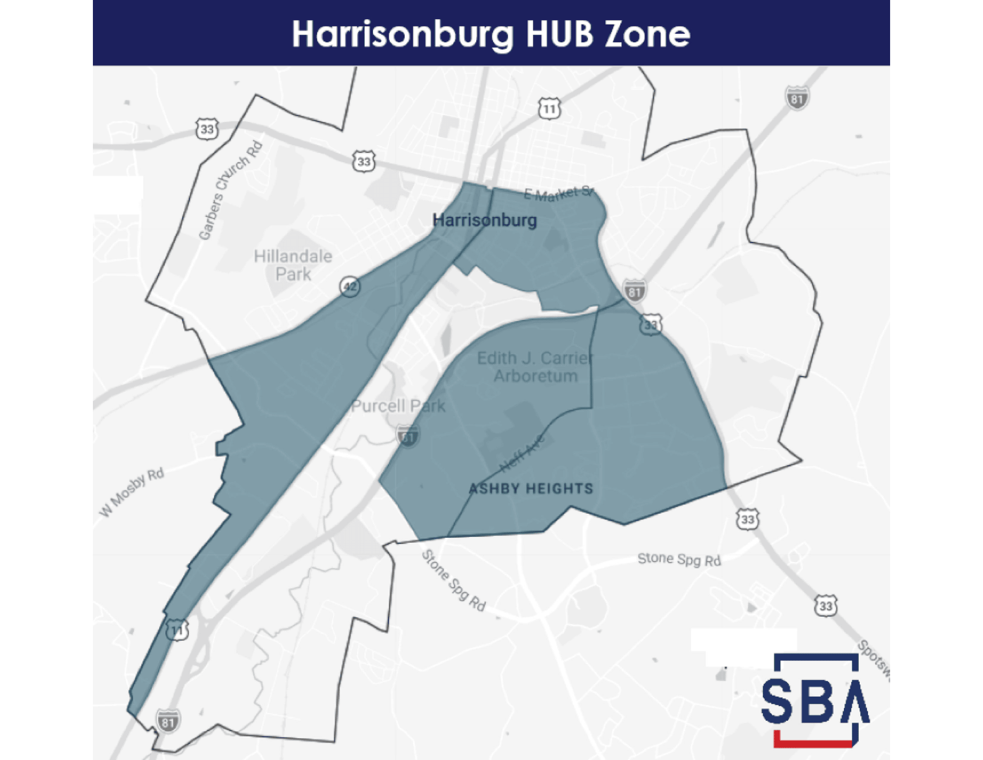 Map showing the Harrisonburg HUB Zone in Harrisonburg, Virginia, marked in blue. Streets and surrounding areas are visible, including Garths Church Road, Hillandale Park, and the Edith J. Carrier Arboretum.