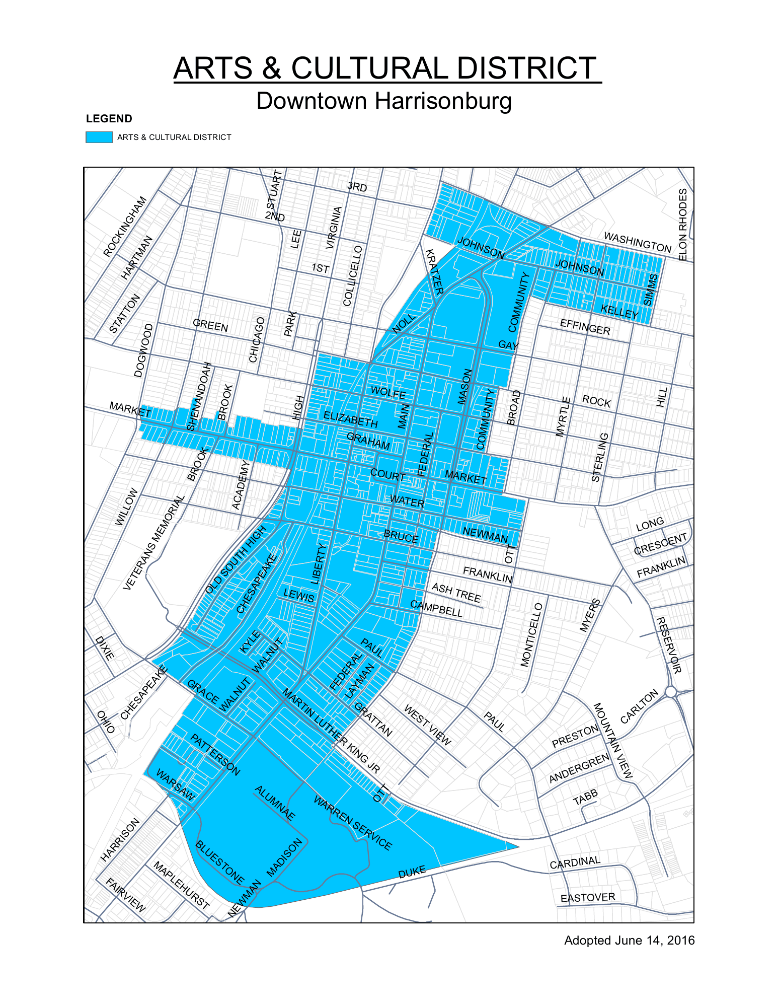 Map of Downtown Harrisonburg highlighting Arts & Cultural District neighborhoods in blue, with a legend and adoption date.
