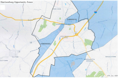 Map of Harrisonburg Opportunity Zones showing different zones, major roads, bodies of water, and surrounding areas.