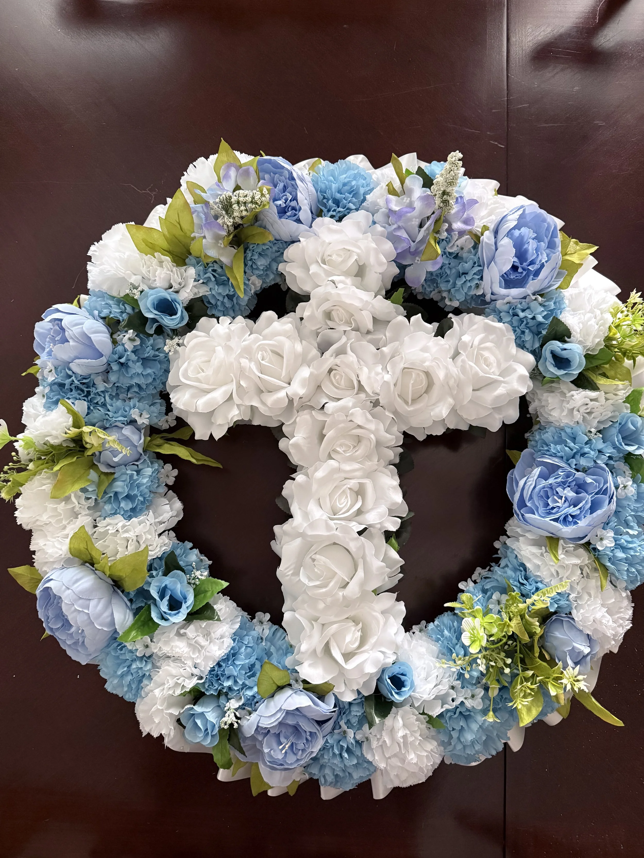 Exquisite Round Silk Sympathy Arrangement with Cross Centerpiece