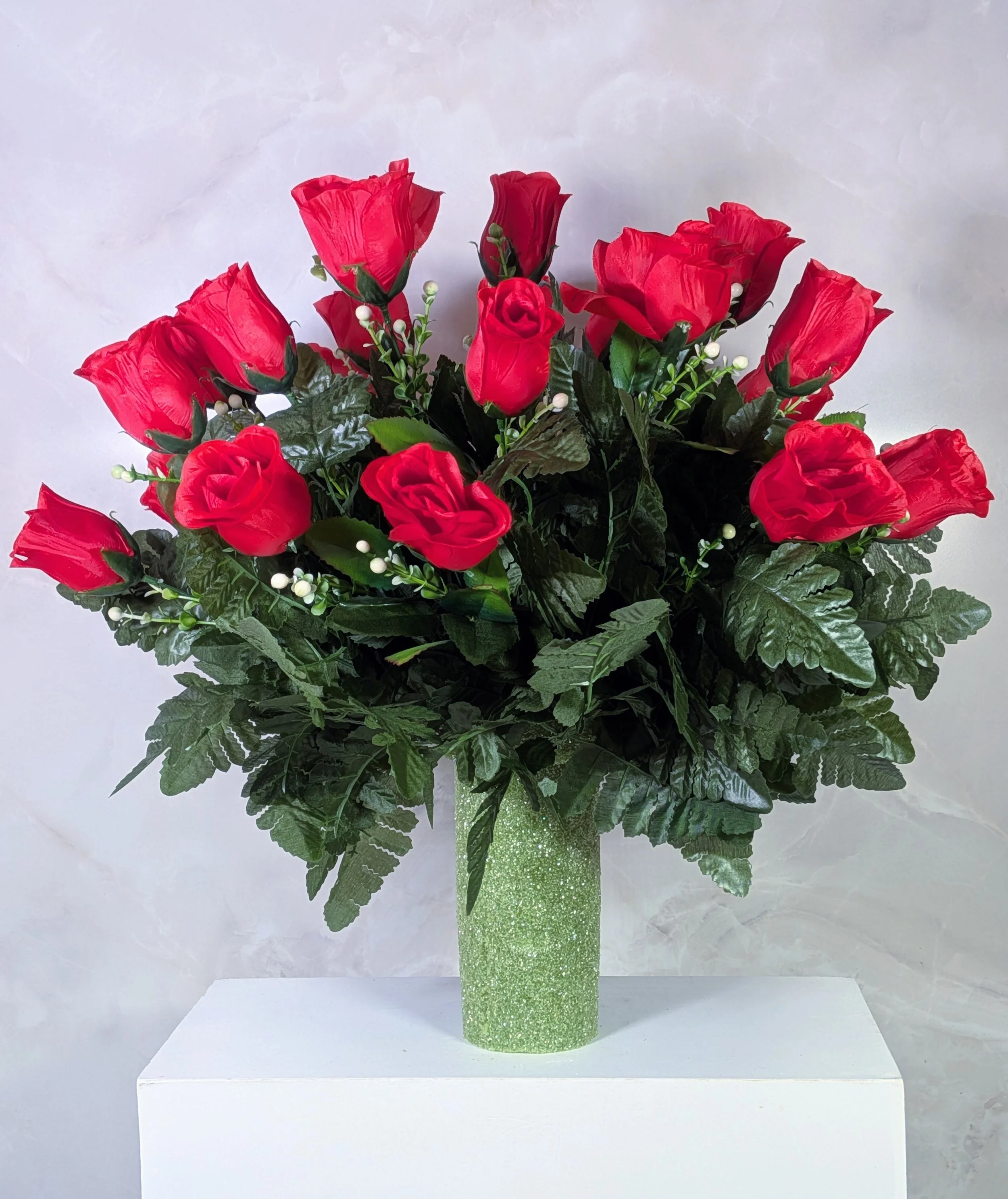 Red Rose Graveside Arrangement in Green Foam Block (Silk Memorial Flowers